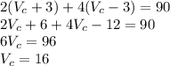 2(V_c+3)+4(V_c-3)=90 \\ 2V_c+6+4V_c-12=90 \\ 6V_c=96 \\ V_c=16