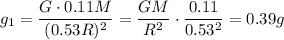 g_1=\dfrac{G\cdot0.11M}{(0.53R)^2}=\dfrac{GM}{R^2}\cdot\dfrac{0.11}{0.53^2}=0.39g