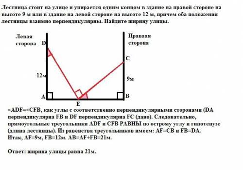 Лестница стоит на улице и упирается одним концом в здание на правой стороне на высоте 9 м или в здан