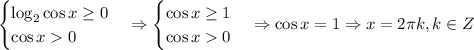 \begin {cases} \log_2\cos x\geq0\\ \cos x0 \end {cases}\Rightarrow \begin {cases} \cos x\geq1\\ \cos x0 \end {cases}\Rightarrow\cos x=1 \Rightarrow x=2\pi k,k\in Z