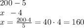 200 - 5\\x\:\:-4\\x=\frac{200\cdot 4}{5}=40\cdot 4=160