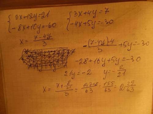 Розвязати системи рівнянь підстановки 9х+12у=21 ,-8х+10у=-60