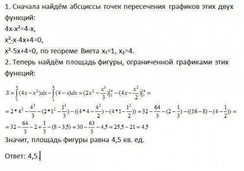 Вычислите площадь фигуры ограниченной линиями: у=4х-х в квадрате; у=4-х
