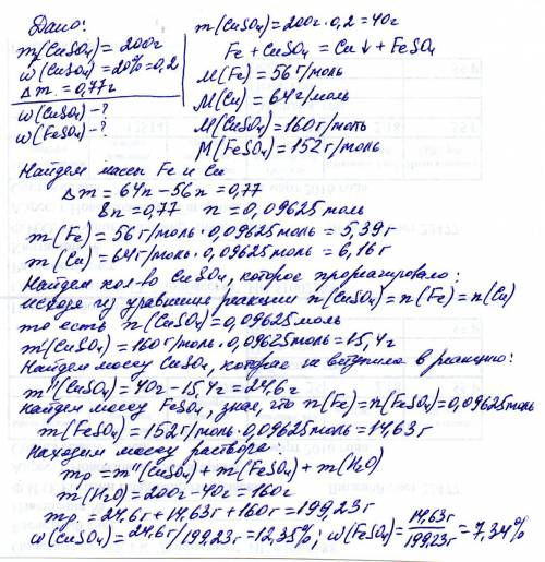 Масса железной пластики, которая на некоторое время была опущена в раствор массой массой 200г с w(cu