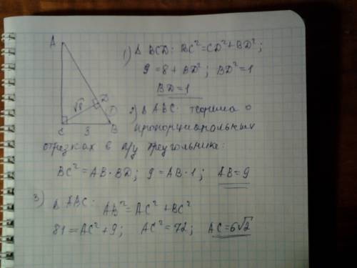 Втреугольнике авс, известно что угол с=90 градусов, сд перпендикулярна ав, вс=3см, сд=корень из 8. н