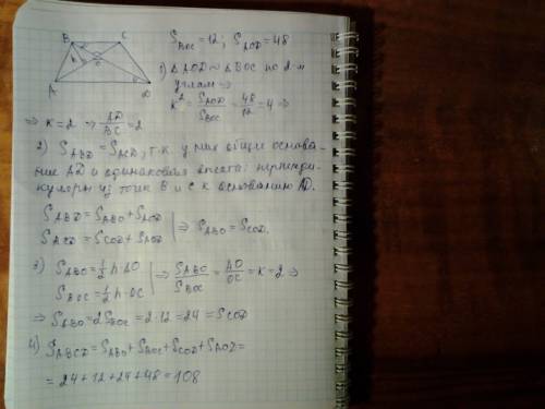 Диагонали трапеции abcd пересеккются в точке o. площади треугольников, при основании равны 12 и 48.