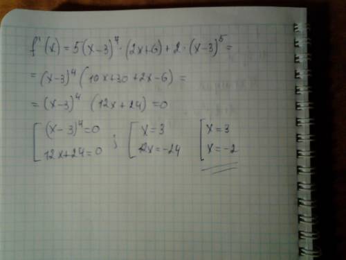 При каких значениях производная функции f(x)=(x-3)^5*(2*x+6) равна 0?