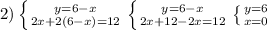 2)\left \{ {{y=6-x} \atop {2x+2(6-x)=12}} \right. \left \{ {{y=6-x} \atop {2x+12-2x=12}} \right. \left \{ {{y=6} \atop {x=0}} \right. \\