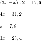 (3x+x) : 2 =15,6 \\ \\ 4x=31,2 \\ \\ x=7,8 \\ \\ 3x=23,4