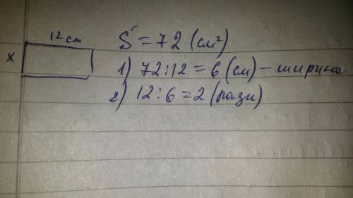 Площа прямокутника 72 см квадратних.довжина - 12 см. у скільки разів ширина прямокутника менше від й