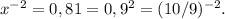 x^{-2}=0,81=0,9^2=(10/9)^{-2}.