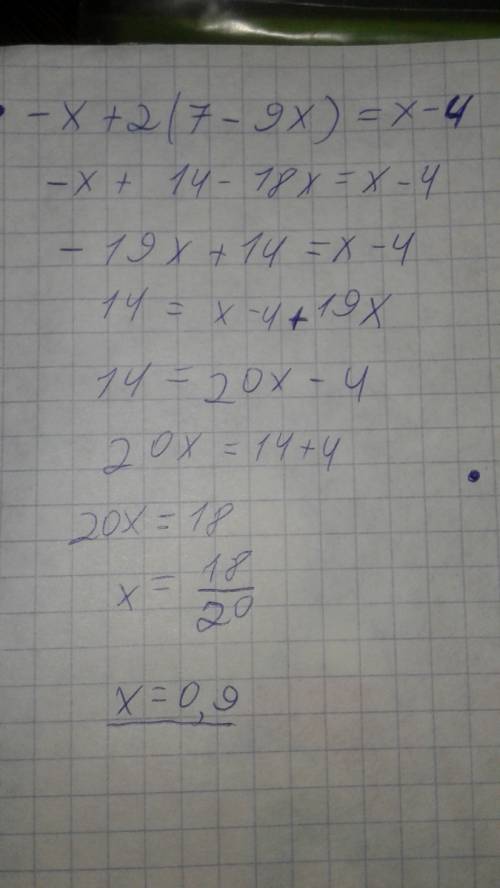 Решите -x+2(7-9x)=x-4 3(1-x)-2x=9 x/5+x/3+x=23/5