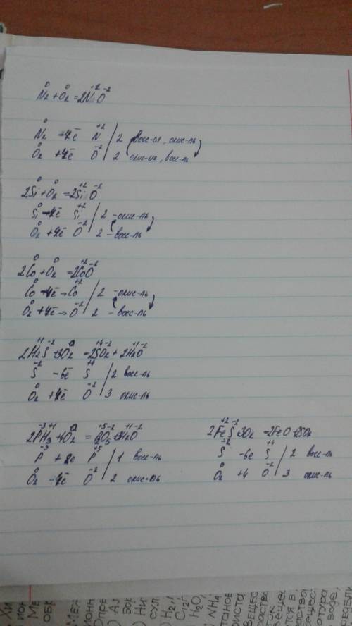 Для овр напишите электронный 1)n2+o2 2)si+o2 3)co+o2 4)h2s+o2 5)ph3+o2 6)fes+o2