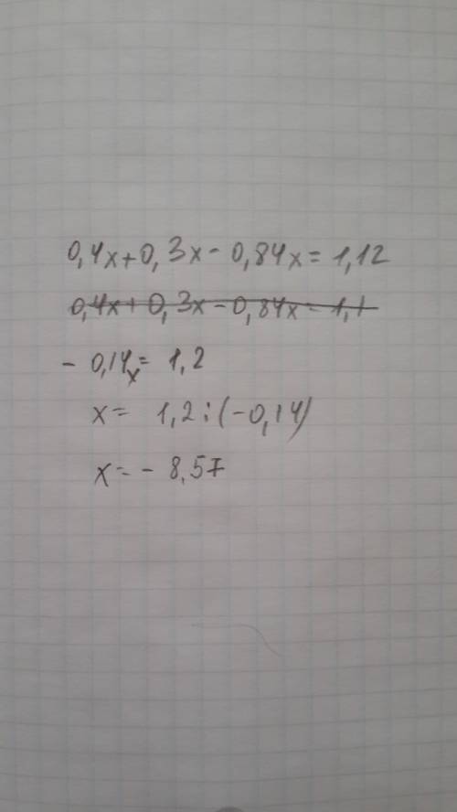 4)3(0,4x+7)-4(0,8x-3)=2 5)0,4x+0,3x-0,84x=1,12 решить уравнения