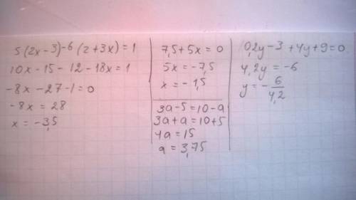 Решить уравнения 5(2х-3)-6(2+3х) =1 7,5+5х=0 (0,2у-3)+(4у+9)=0 3а-5=10-а