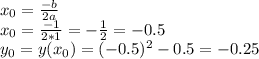 x_0= \frac{-b}{2a} \\ x_0= \frac{-1}{2*1}=- \frac{1}{2}=-0.5 \\ y_0=y(x_0)=(-0.5)^2-0.5=-0.25