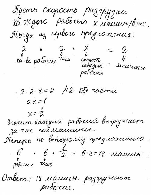 2рабочих за 2 часа выгружают 2 машины.6 рабочих за 6 часов ск машин? ​