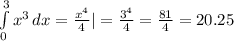 \int\limits^3_0 {x^3} \, dx= \frac{x^4}{4}|= \frac{3^4}{4}= \frac{81}{4}=20.25