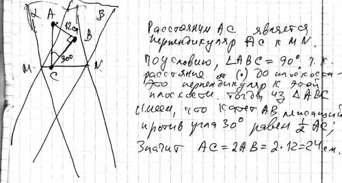 Даны две плоскости а и в, пересекающиеся под углом 30°. точка а принадлежит плоскости а и удалена от