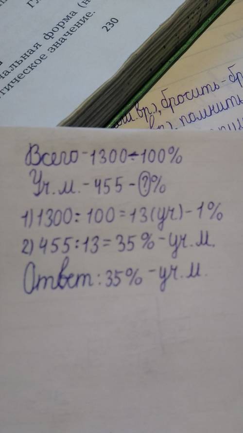 Вбиблиотеку купили 1300 учебников.из них 455 учебников по . сколько процентов составляют книги по от