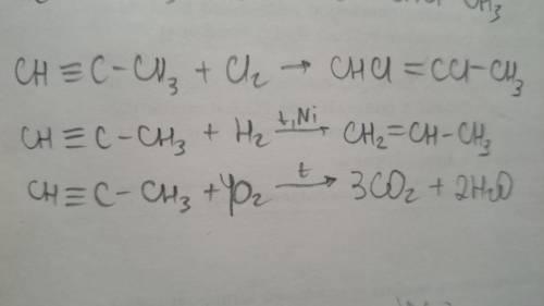 Написать уравнения реакций: пропин + хлор = , пропин + водород =, пропин + кислород =