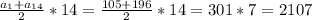 \frac{ a_{1}+ a_{14} }{2} *14 = \frac{105 + 196}{2} * 14 = 301 * 7 = 2107