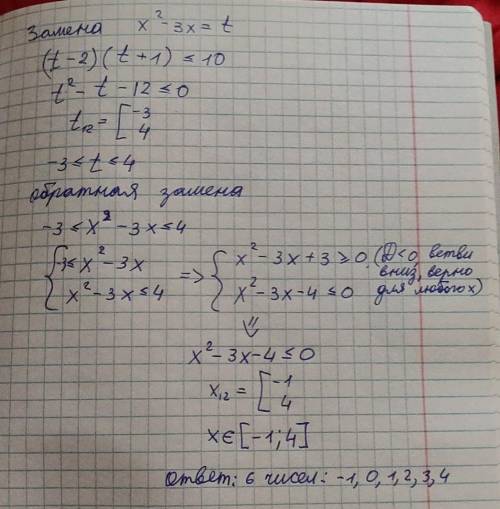 (x^2-3x-2)(x^2-3x+1)=< 10 сколько целых чисел удовлетворяет неравенству