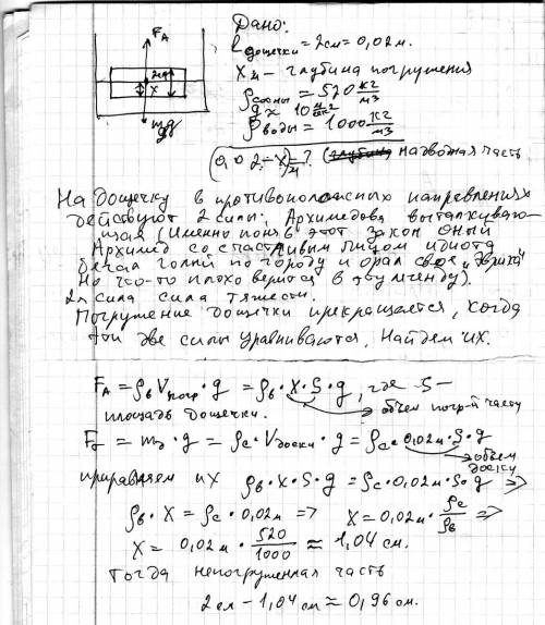 ;-; сосновая дощечка толщиной 2 см плавает в воде. какова высота надводной части дощечки?