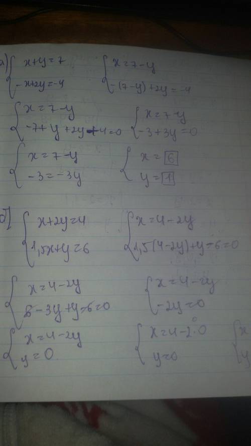 Решить подстановки системы: 1){x+y=7 {-x+2y=-4 2){x+2y=4 {1.5x+y=6 3){x-y=-2 {5x-2y=2