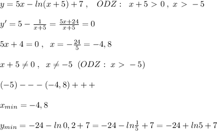 y=5x-ln(x+5)+7\; ,\; \; \; ODZ:\; \; x+5\ \textgreater \ 0\; ,\; x\ \textgreater \ -5\\\\y'=5-\frac{1}{x+5}=\frac{5x+24}{x+5}=0\\\\5x+4=0\; ,\; \; x=-\frac{24}{5}=-4,8\\\\x+5\ne 0\; ,\; \; x\ne -5\; \; (ODZ:\; x\ \textgreater \ -5)\\\\(-5)---(-4,8)+++\\\\x_{min}=-4,8\\\\y_{min}=-24-ln\, 0,2+7=-24-ln\frac{1}{5}+7=-24+ln5+7