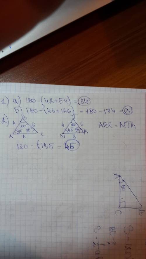 1. знайти третій кут трикутника, якщо два його кути дорівнюють: а) 42º і 54º ; б) 48º і 126º ? 2.три