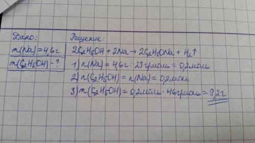 Сколько граммов этанола полностью прореагирует с 4,6г.натрий? решение оформите в виде