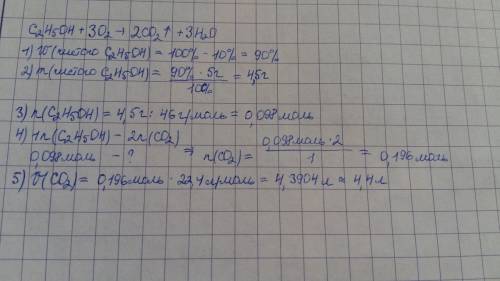 Определить объем углекислого газа, образующегося при сгорании 5 г этанола, содержащего 10% примесей