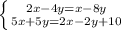 \left\{{{2x-4y=x-8y}\atop{5x+5y=2x-2y+10}}\right.