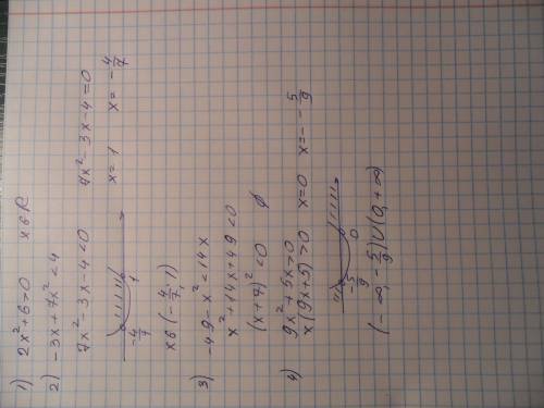 Решить неравенства 1) 2x^2+6> 0 2) -3x+7x^2< 4 3)-49-x^2< 14x 4) 9x^2+5x> 0 заранее боль