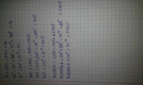 Напишите,,реакции в молекулярной,ионной,сокращенной формах: fe+2hcl=fecl2+h2 feo+2hcl=fecl2+h2o fe(o