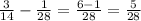 \frac{3}{14} - \frac{1}{28} = \frac{6-1}{28} = \frac{5}{28}