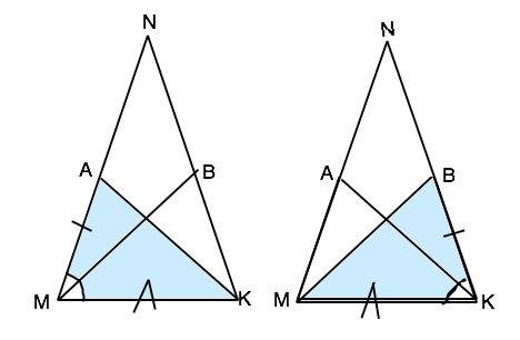 Втреугольнике mnk на равных сторонах mn и nk выбраны точки а и в соответственно так, что ма= кв. най