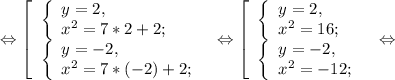 \Leftrightarrow\left [ \begin{array}{lcl} {{\left \{ \begin{array}{lcl} {{y=2,} \\ {x^{2} =7*2+2;}} \end{array} \right.} \\ {\left \{ \begin{array}{lcl} {{y=-2,} \\ {x^{2}=7*(-2)+2; }} \end{array} \right.}} \end{array} \right.\Leftrightarrow\left [ \begin{array}{lcl} {{\left \{ \begin{array}{lcl} {{y=2,} \\ {x^{2} =16;}} \end{array} \right.} \\ \left \{ \begin{array}{lcl} {{y=-2,} \\ {x^{2}=-12; }} \end{array} \right.{}} \end{array} \right.\Leftrightarrow