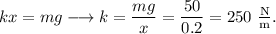 kx=mg\longrightarrow k=\dfrac{mg}{x}=\dfrac{50}{0.2}=250\mathrm{\ \frac Nm}.