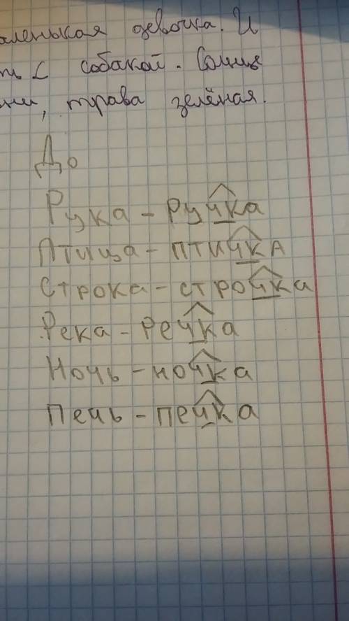 Измени слова по образцу выдели орфограмму. образец дочь - дочка. рука. птица. строка. река. ночь печ