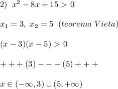 2)\; \; x^2-8x+15\ \textgreater \ 0\\\\x_1=3,\; x_2=5\; \; (teorema\; Vieta)\\\\(x-3)(x-5)\ \textgreater \ 0\\\\+++(3)---(5)+++\\\\x\in (-\infty ,3)\cup (5,+\infty )