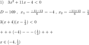 1)\quad 3x^2+11x-4\ \textless \ 0\\\\D=169\; ,\; \; x_1=\frac{-11-13}{6}=-4\; ,\; x_2=\frac{-11+13}{6}=\frac{1}{3}\\\\3(x+4)(x-\frac{1}{3})\ \textless \ 0\\\\+++(-4)---(\frac{1}{3})+++\\\\x\in (-4,\frac{1}{3})