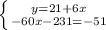 \left \{ {{y=21+6x} \atop {-60x-231=-51}} \right.