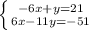 \left \{ {{-6x+y=21} \atop {6x-11y=-51}} \right.