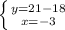 \left \{ {{y=21-18} \atop {x=-3}} \right.