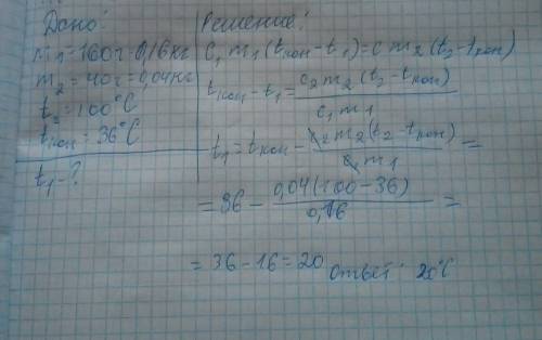 Втонкостенном стакане находится вода массой 160 г.после доливания в стакан воды массой 40 г при темп