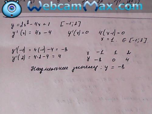 Найдите наименьшее значение функции y=2x^2 -4x+1 на отрезке -1; 2