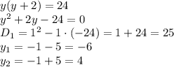 y(y+2)=24&#10;\\\&#10;y^2+2y-24=0&#10;\\\&#10;D_1=1^2-1\cdot(-24)=1+24=25&#10;\\\&#10;y_1=-1-5=-6&#10;\\\&#10;y_2=-1+5=4