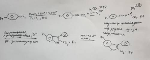 Получите индол по фишеру, исходя из 4-броманилина, бензил (н-пропил)кетона и других необходимых реаг